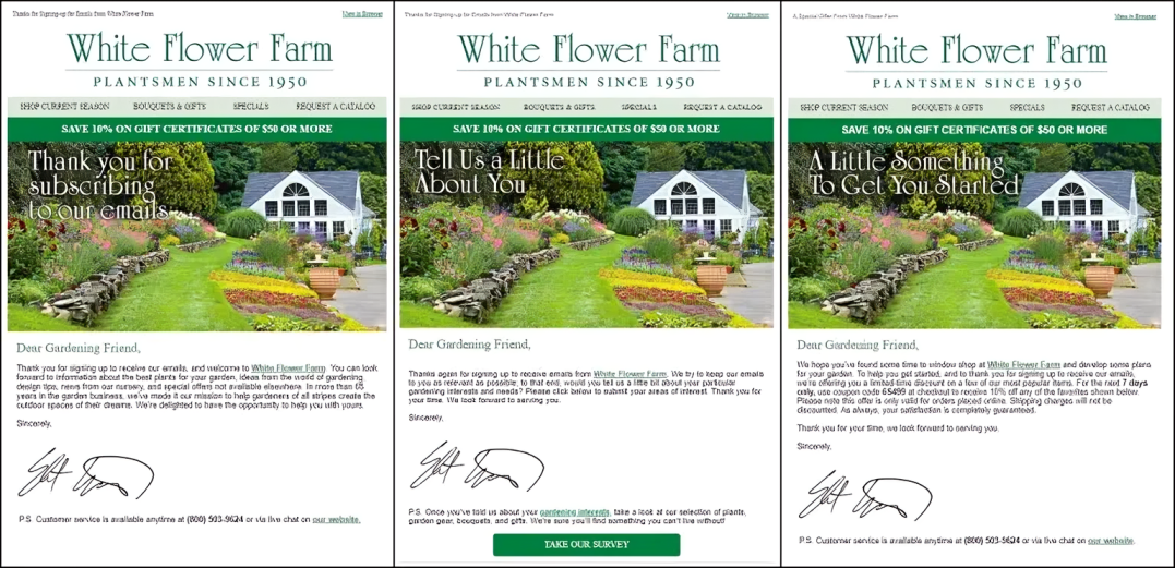 White Flower Farm - example of a welcome or onboarding email campaign White Flower Farm - example of a welcome or onboarding email campaign